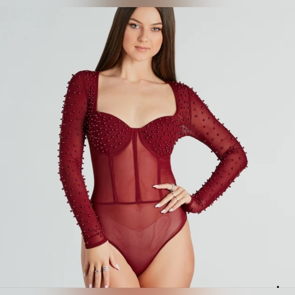 Burgundy Faux Pearl Corset Bodysuit - Picture 3 of 6